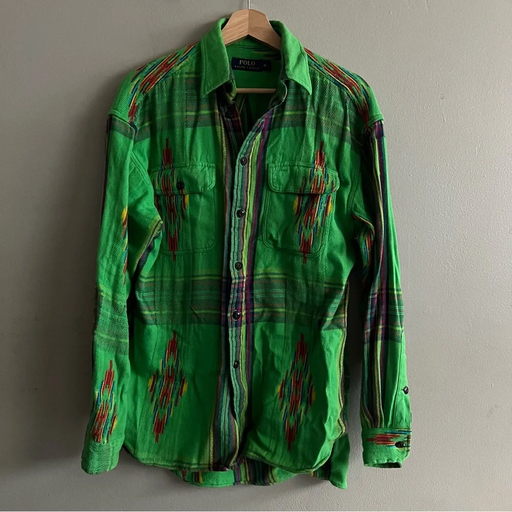Polo Ralph Lauren Vintage Green Beacon Aztec Woven Button Down Cotton Shirt M